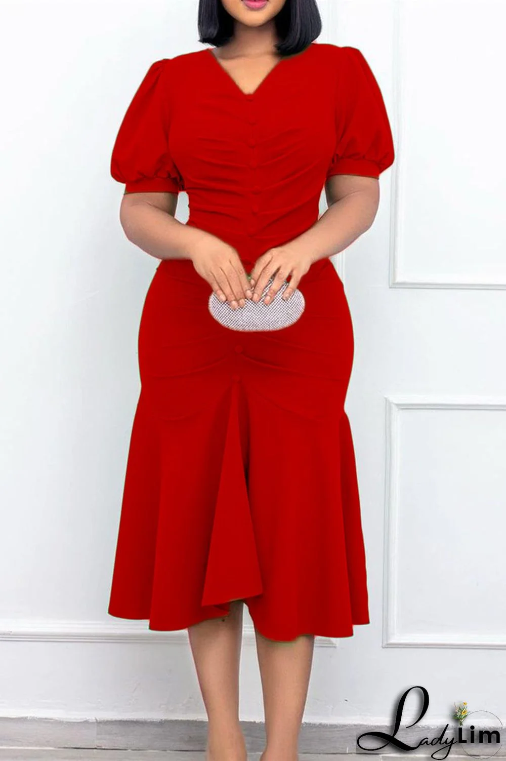 Green Fashion Casual Solid Fold V Neck Pencil Skirt Dresses