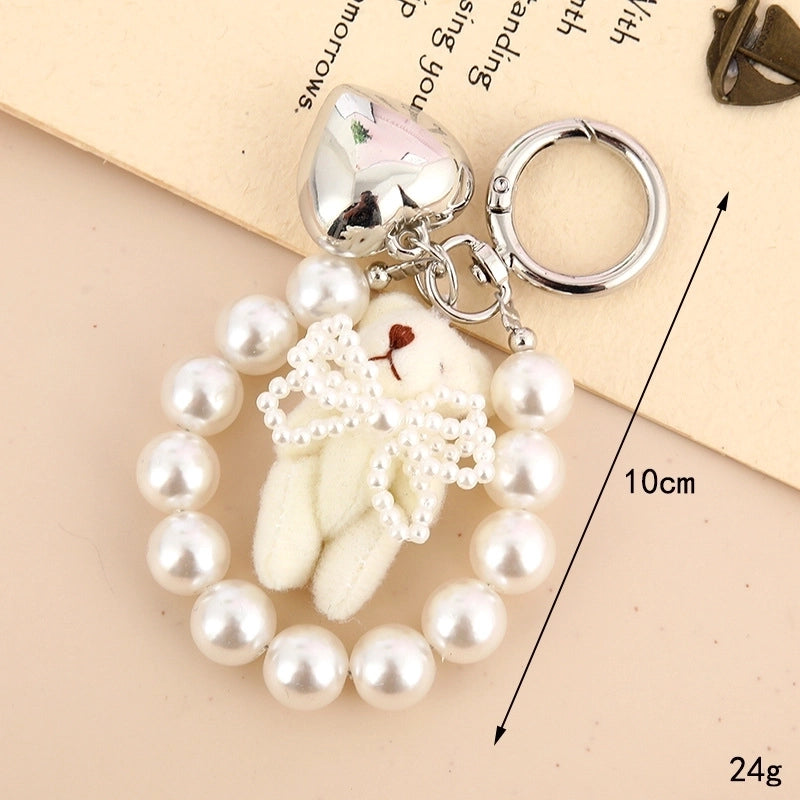 Cartoon Style Cute Bear Heart Shape Beaded Plush Bag Pendant Keychain