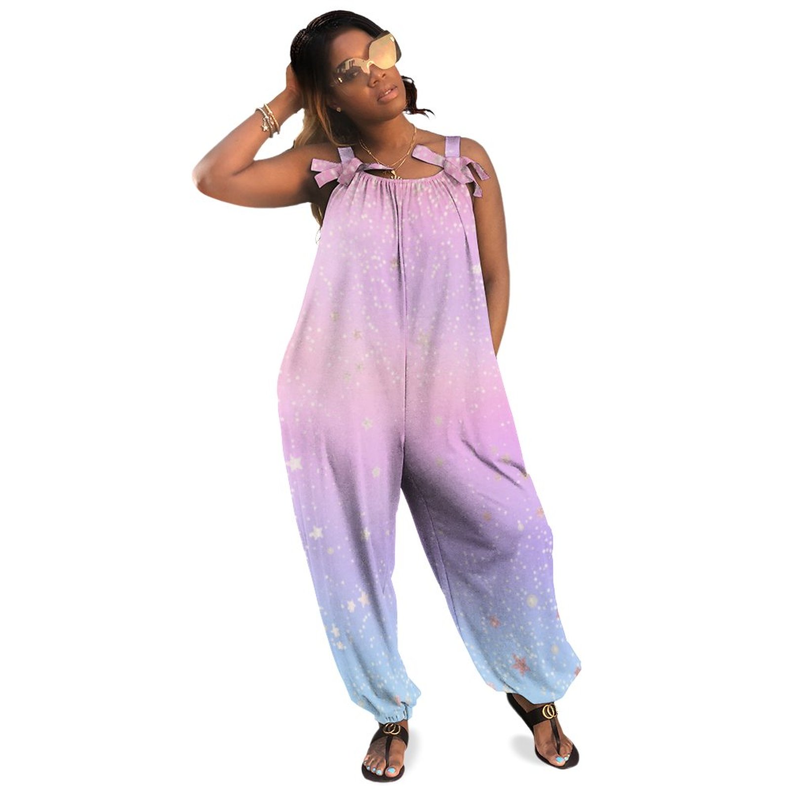 Pastel Iridescent Holographic Glitter Stars Galaxy Plus Size Women Rompers Summer Casual Loose Jumpsuit Sleeveless Dressy Long Pants Natural Waist Polyester Spandex