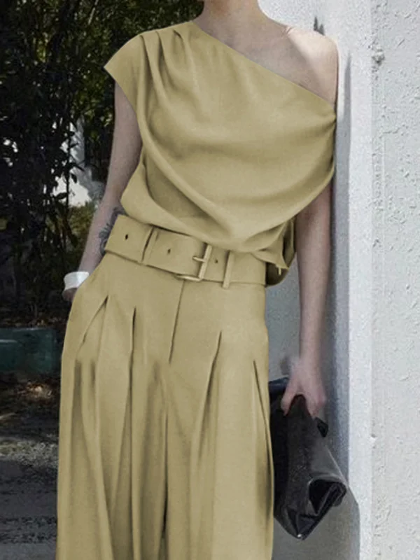 Solid Color Short Sleeves Loose One-Shoulder T-Shirts Tops