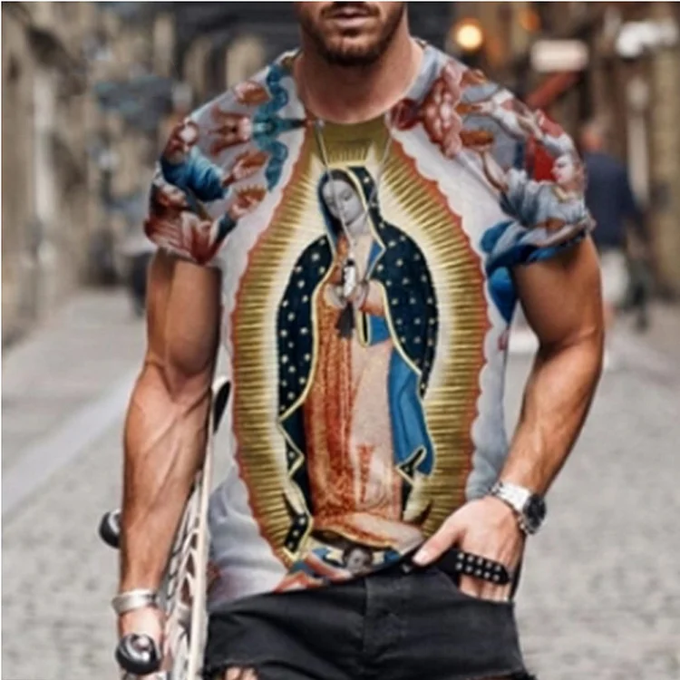 Vintage Cross Virgin Mary Jesus Pattern Crew Neck Summer Mens T-shirts at Hiphopee