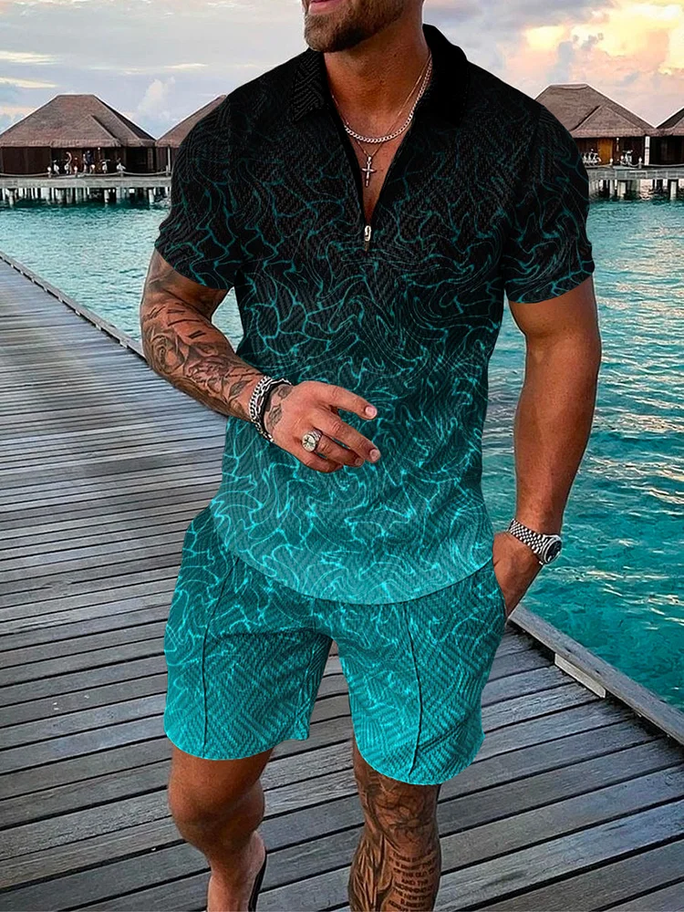 Men's Vacation Abstract Gradient Printing Polo Suit