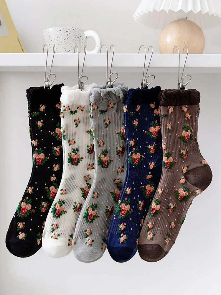 5 Pairs Women Vintage Floral Thin Socks
