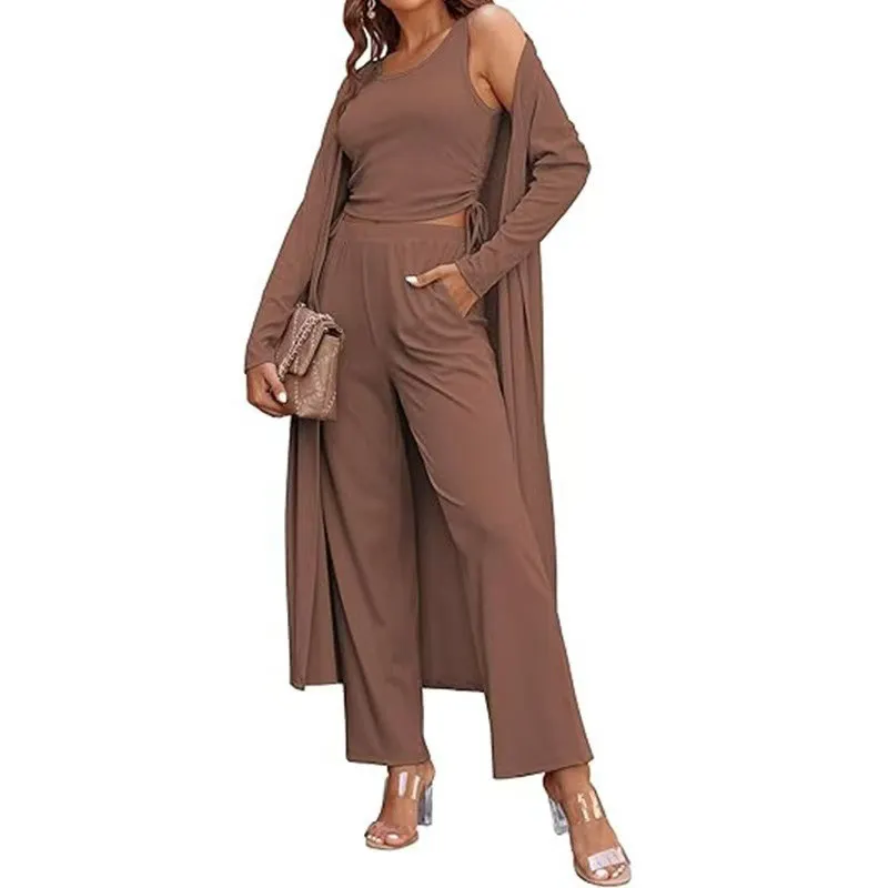 Women's 3 Piece Loungewear Set, Crop Cami Top + Wide Leg Pants + Long Cardigan