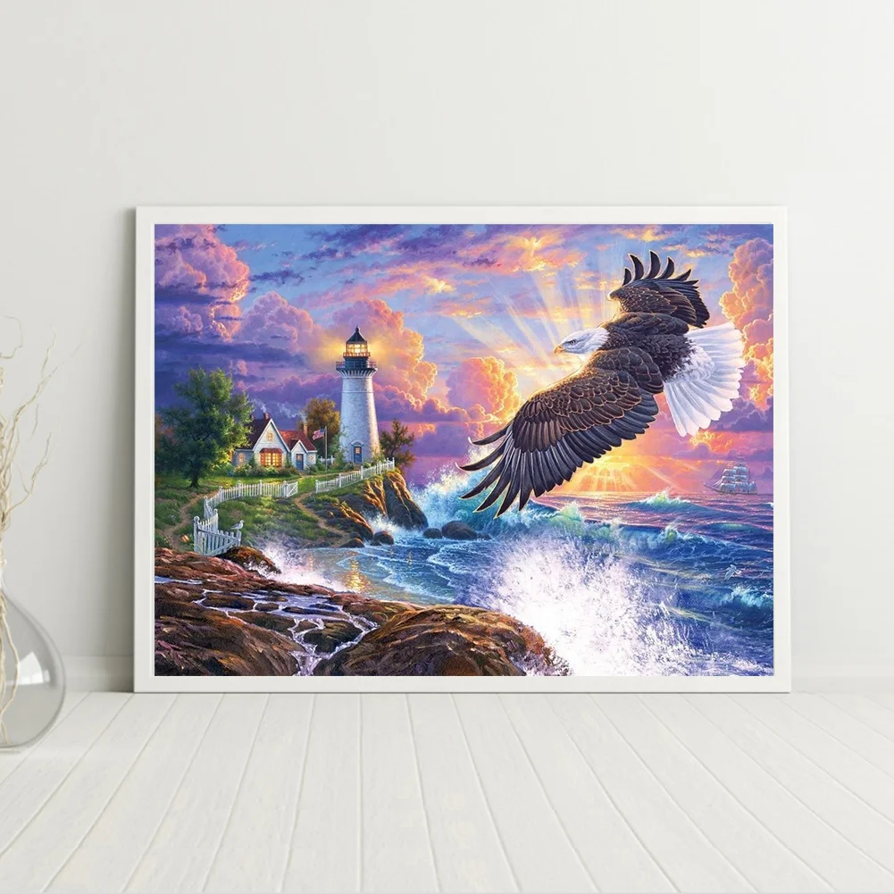 11CT Full Stamped Cross Stitch - Eagle and Lighthouse(Canvas|60*45CM)