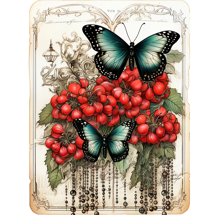 Retro Red Flower Butterfly 30*40CM (Canvas) Full Round Drill Diamond Painting gbfke