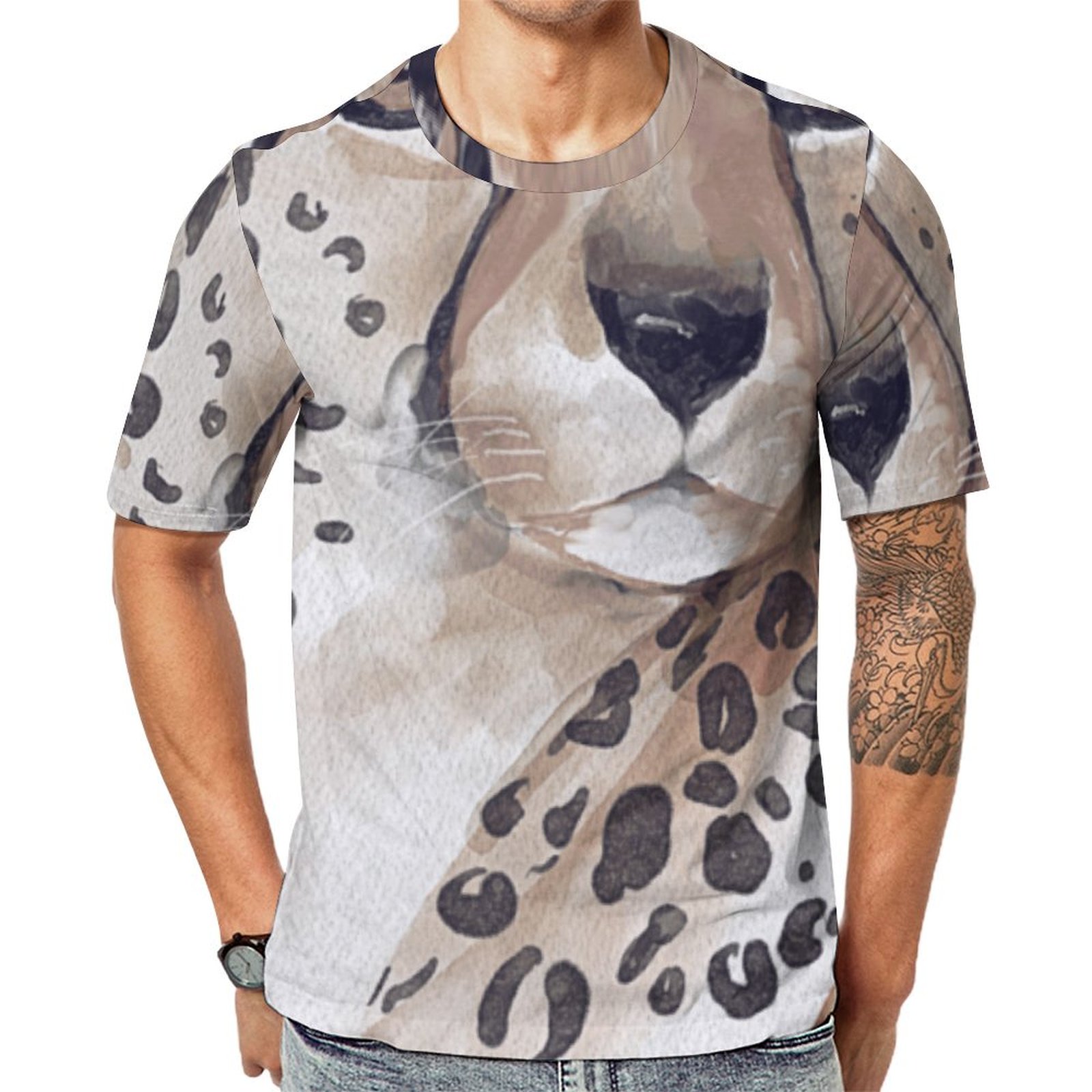 Watercolor Leopard On Brown And Green Short Sleeve Print Unisex Tshirt Summer Casual Tees for Men and Women Coolcoshirts