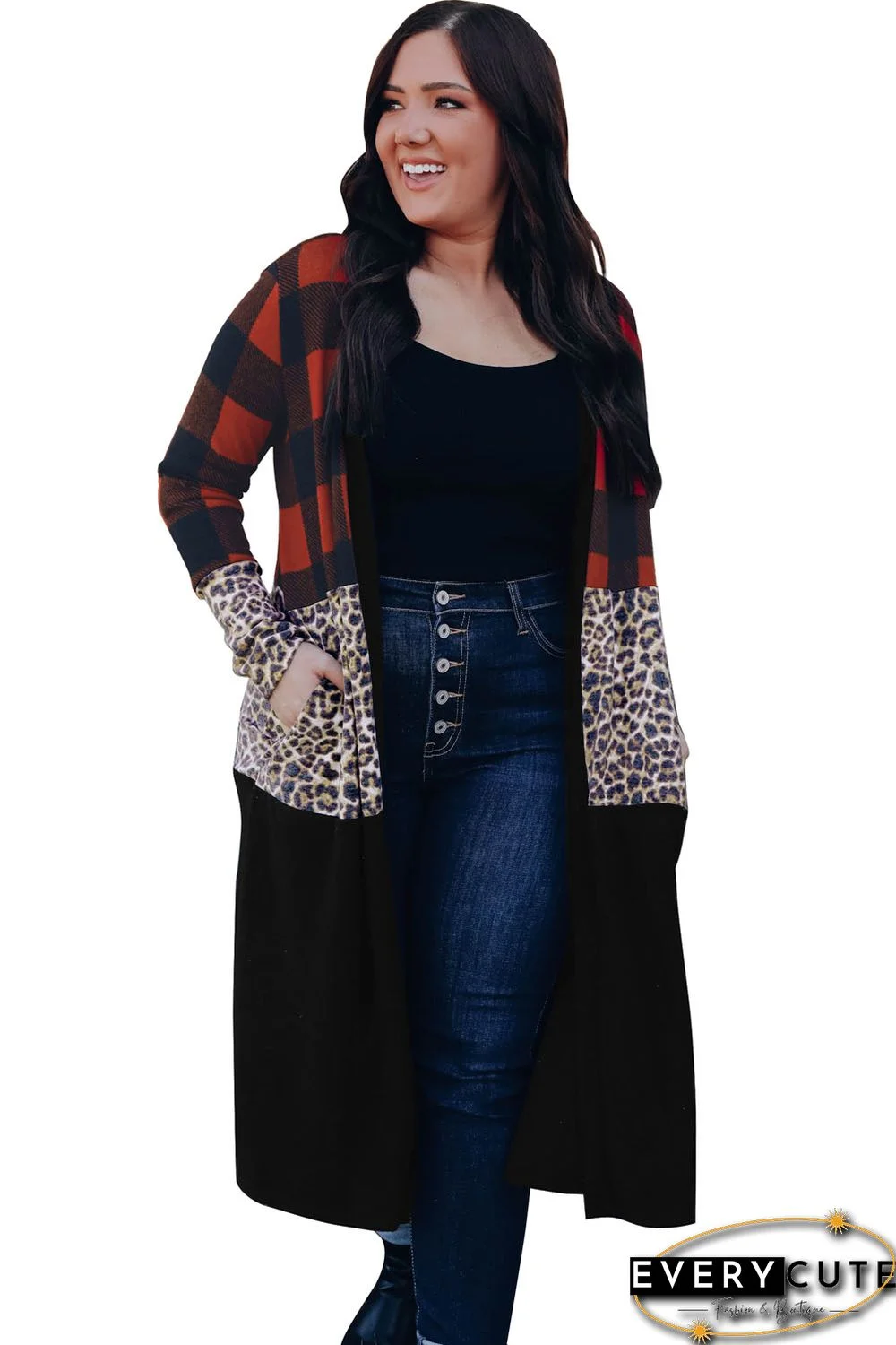 Red Buffalo Plaid Leopard Colorblock Plus Size Duster Cardigan