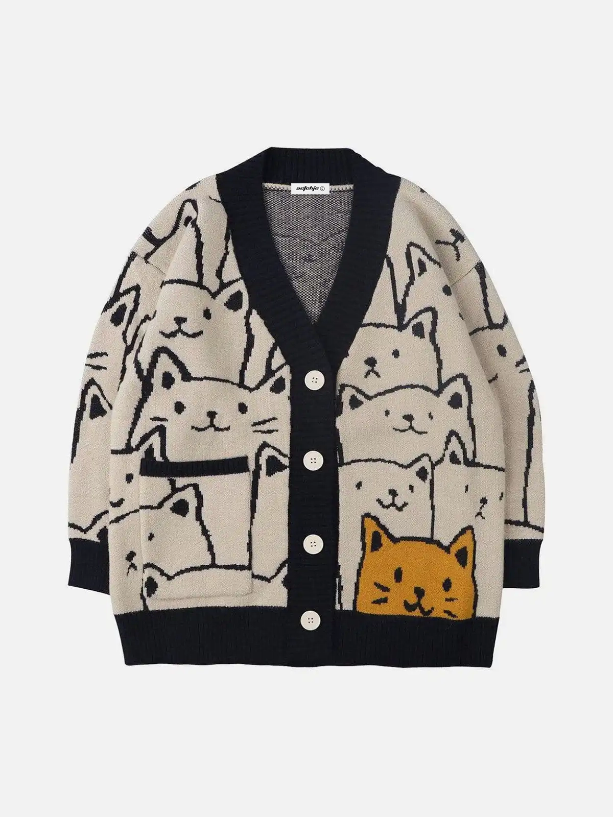 Navyblue Cartoon Cat Pattern Cardigan Front