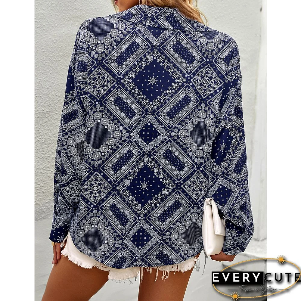 Navy Blue Digital Print Button Pocket Shirt