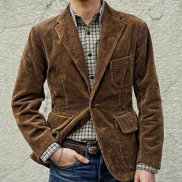 Men's Solid Long Sleeve Patch Pocket Vintage Coat