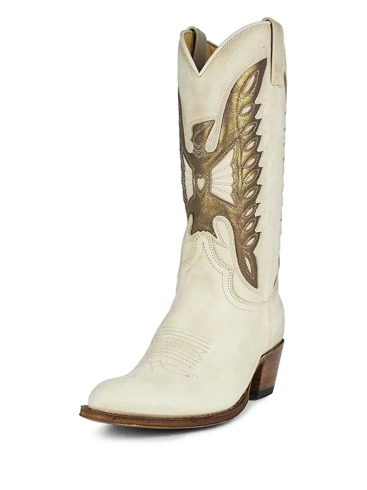 Beige Metallic Eagle Embroidered Wide Mid Calf Boots Round Toe Cowgirl Heeled Boots 