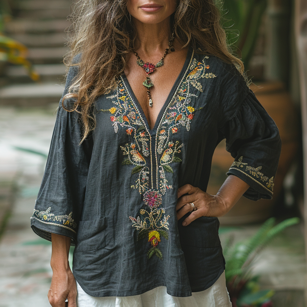 Woman - Ethnic Linen Top-inspireuse