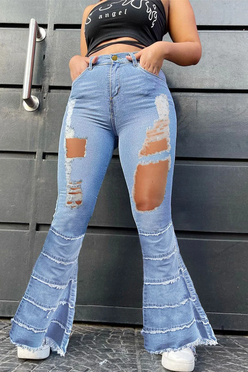 Fashion Casual Solid Ripped Bandage High Waist Regular Denim Jeans