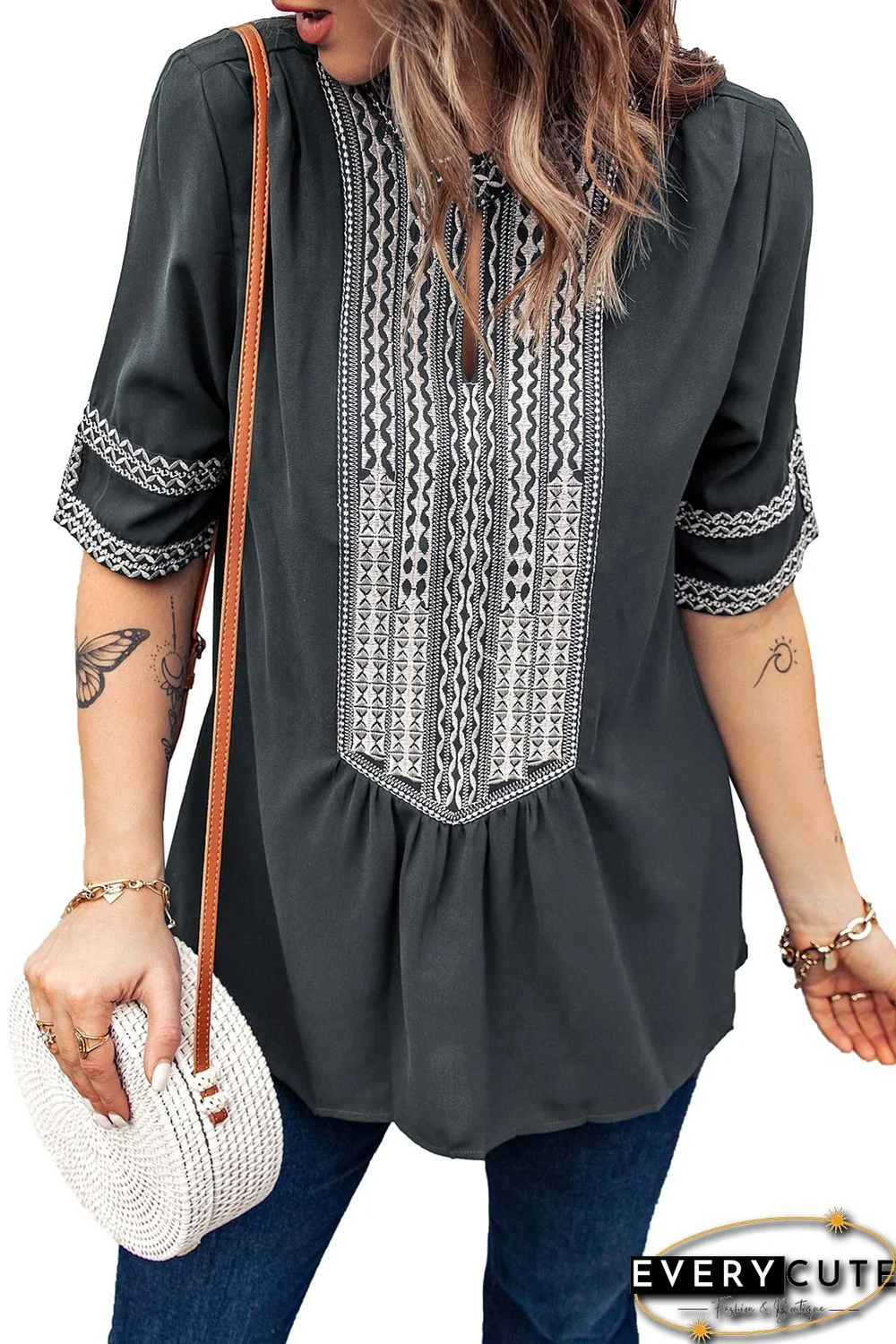 Gray Elbow Length Sleeves Front Embroidery Blouse