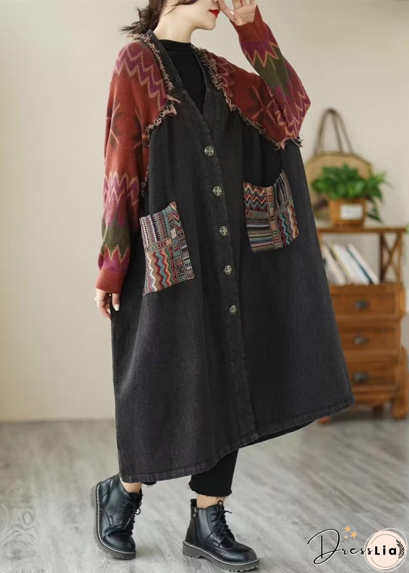 Loose Black Button Knit Patchwork Denim Long Coats Long Sleeve
