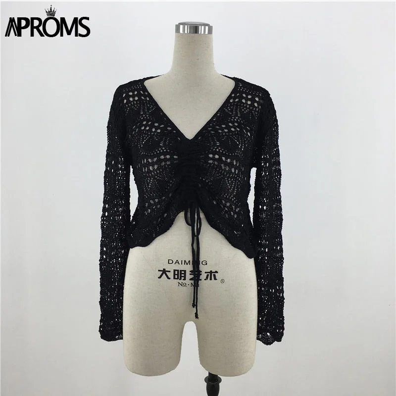 Aproms White Lace Knitted Ruched T-shirt Women Summer Casual V-neck Hollow out Tshirt Female Bikini Beachwear Top Black Tee 2022