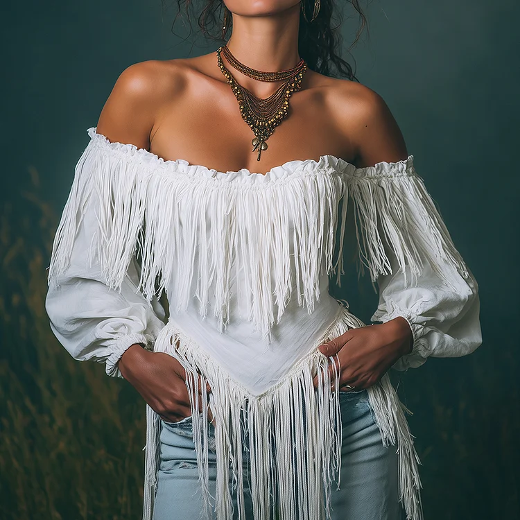 Ursime Ruffle Off Shoulder Irregular Fringe Lantern Sleeve Blouse