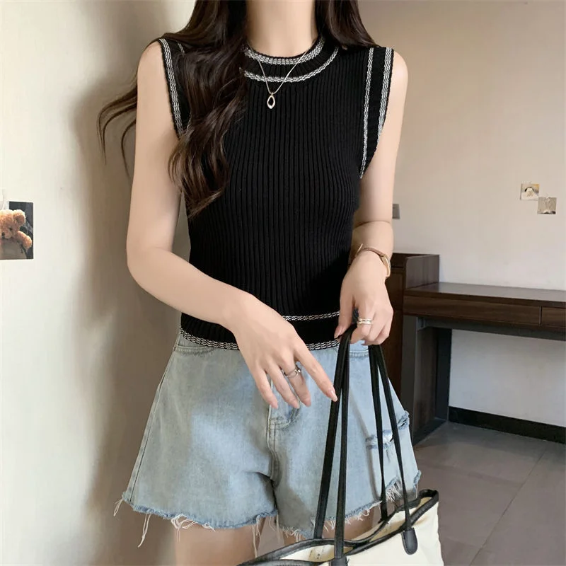 Uveng Uveng And Spicy Short Black Sexy Vest Women's Summer New Casual Round-Neck T-Shirt Thin Sleeveless Top