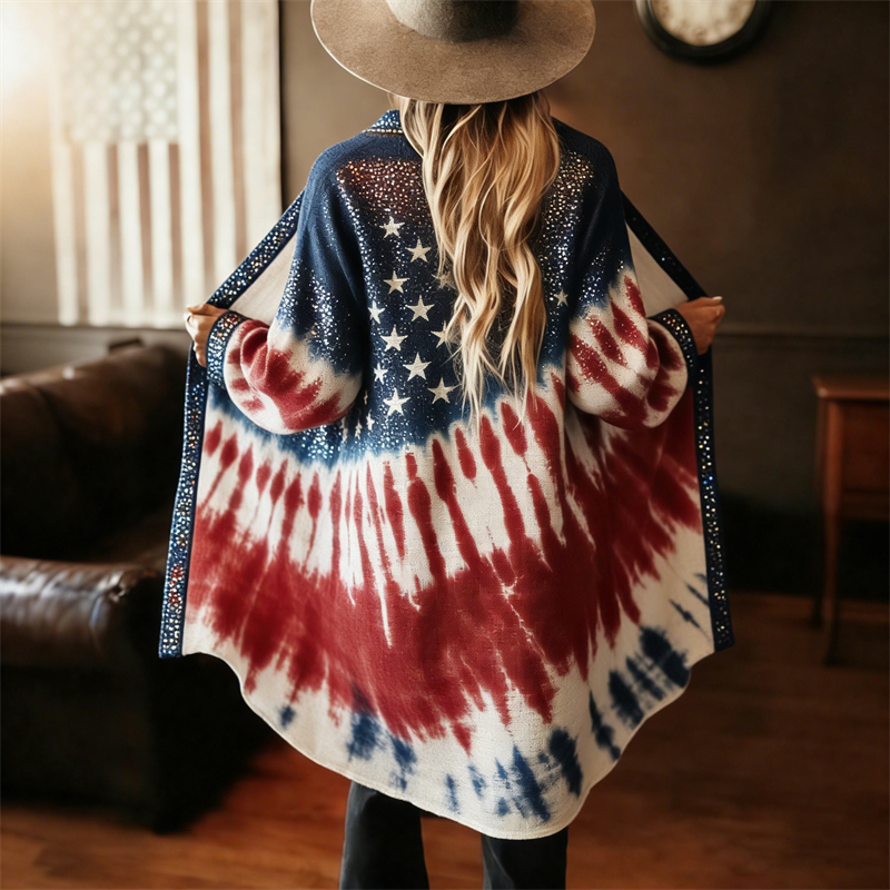  Usa Independence Day Flag Tie Dye Glitter Flowy Cardigan Westsshops