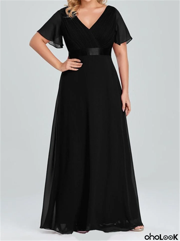 Women V-Neck Chiffon Short Sleeve Ruffle Evening Dress