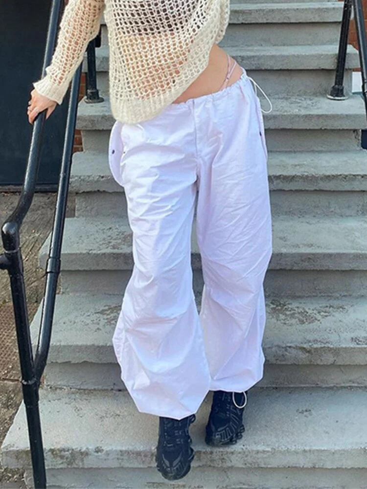 Jacqueline Y2K Wide Leg Cargo Pants Women Drawstring Baggy Low Waist Fashion Hippie Trousers Pocket Casual Street Vintage Brown