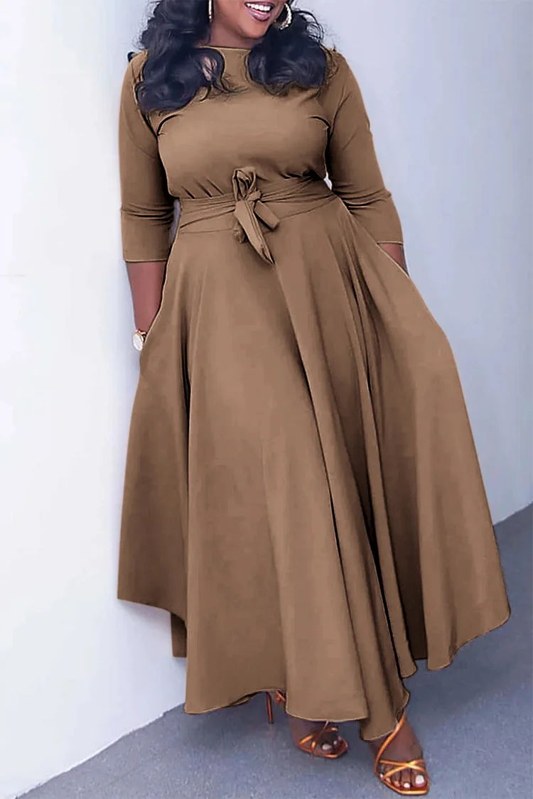 Xpluswear Plus Size Black Casual Round Neck With Pocket Wrap Maxi Dress