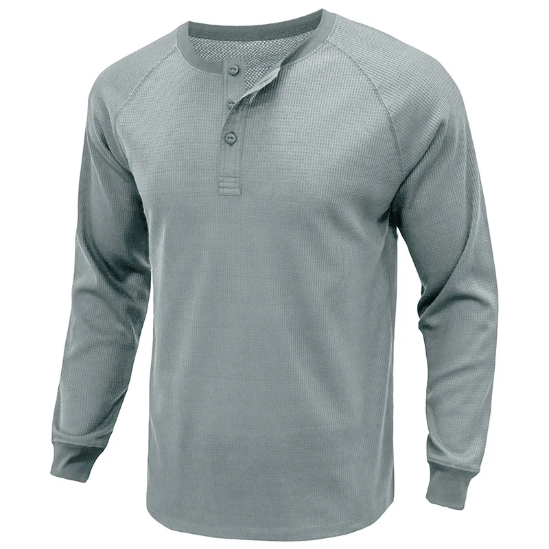 Men's Long-Sleeved Waffle Bottoming Henley Shirt  Tough Men Wear Solid Color Khaki & 6 More Colors