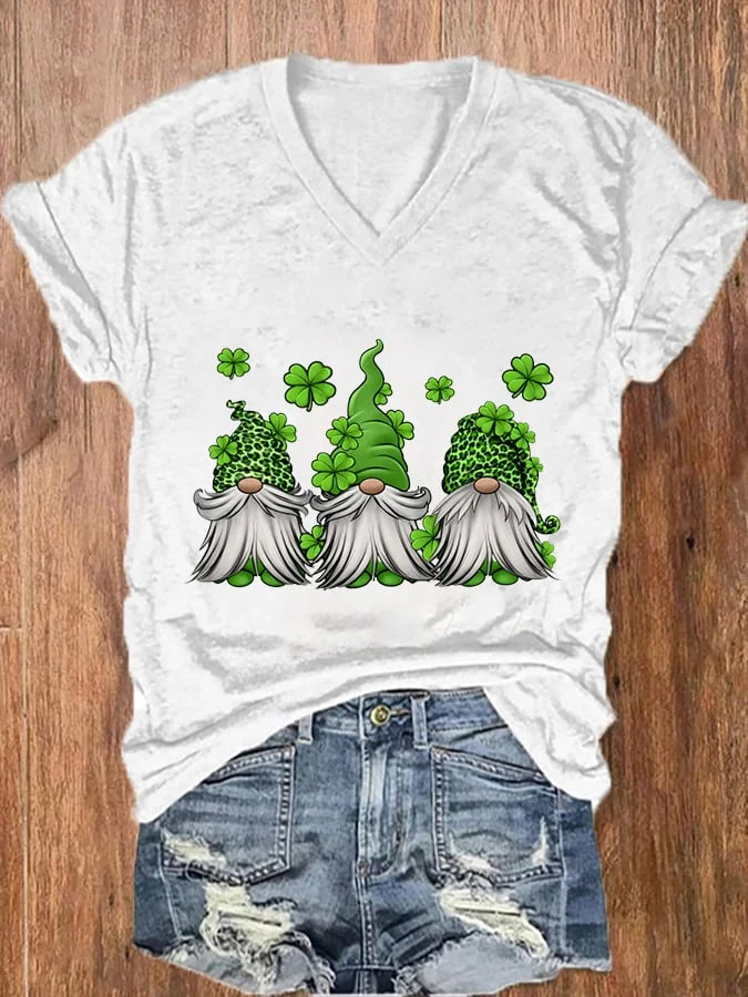 Women‘s St Patrick's Day Gnome Clover Print V-Neck Casual T-Shirt socialshop
