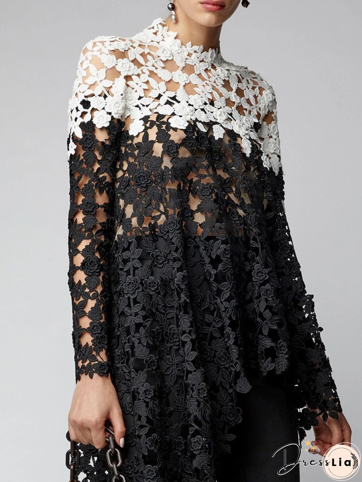 Asymmetrical Top Women Lace Hollow Out Shirt Long Sleeve Irregular Floral Guipure Colorblock Stand Collar Female Loose Blouse