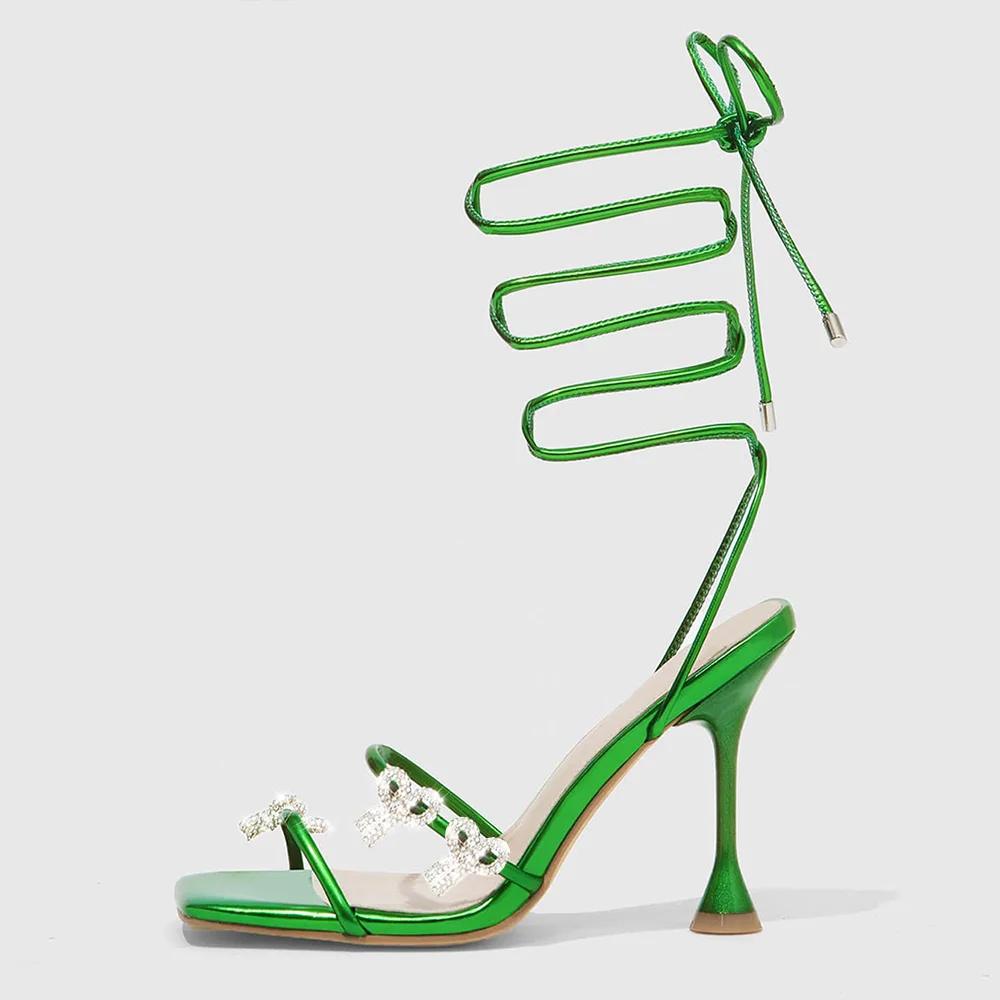 Shiny Green  Opened Square Toe Sandals With Rhinestone Bows Decorations Lace Up Cross Strappy Stiletto Heels Nicepairs