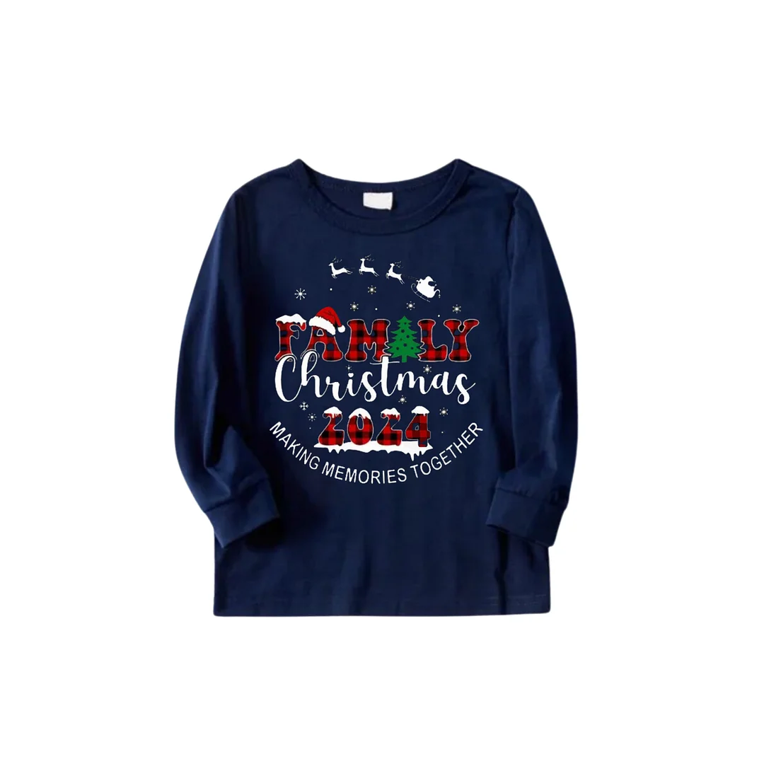 "Family Christmas 2024" Prints Blue Long Sleeves Top with Red and Blue Plaid Pants Christmas Matching Pajamas