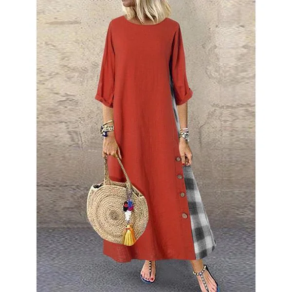 Patchwork Button Loose Dresses