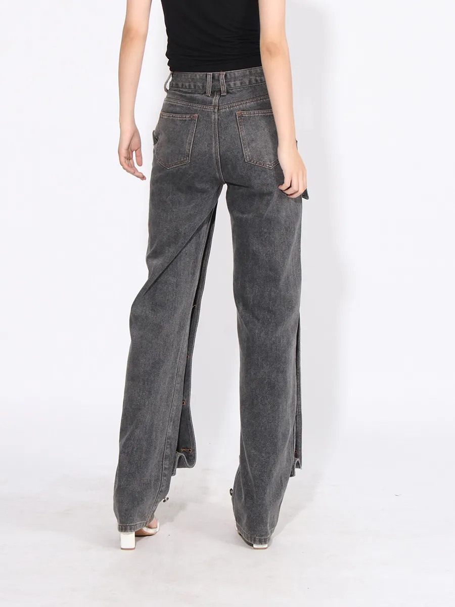 Brownm Vintage High Street Broad Leg Pants 2025 Summer New Personalized Design Stitching Button High-Waist Jeans Women