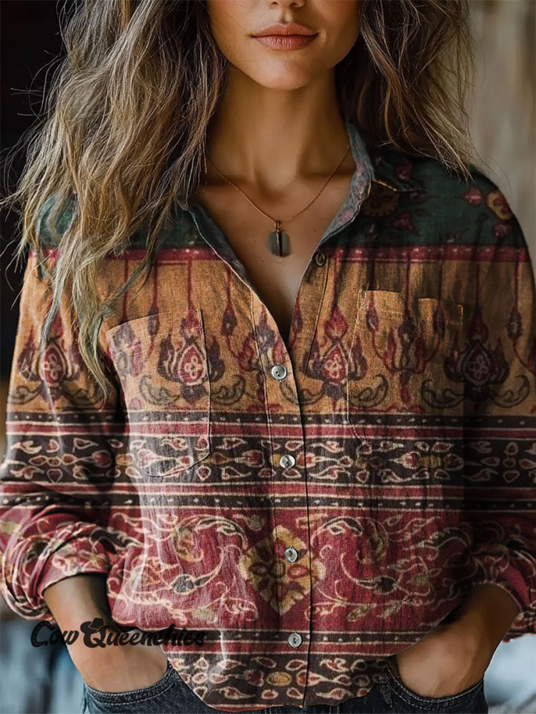 Vintage Floral Print Casual Long Sleeve Comfortable Cotton Shirt Multicolor / S