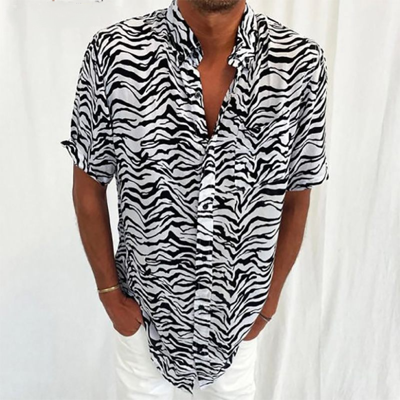 Zebra Stripes Casual Streetwear Lapel Short Sleeve Men's Shirts-VESSFUL