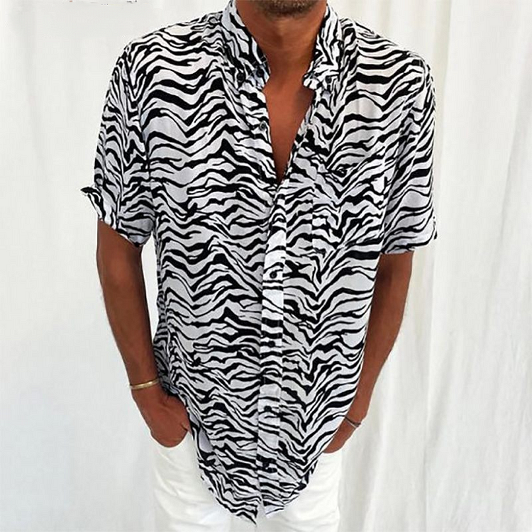 Zebra Stripes Casual Streetwear Lapel Short Sleeve Men's Shirts at Hiphopee