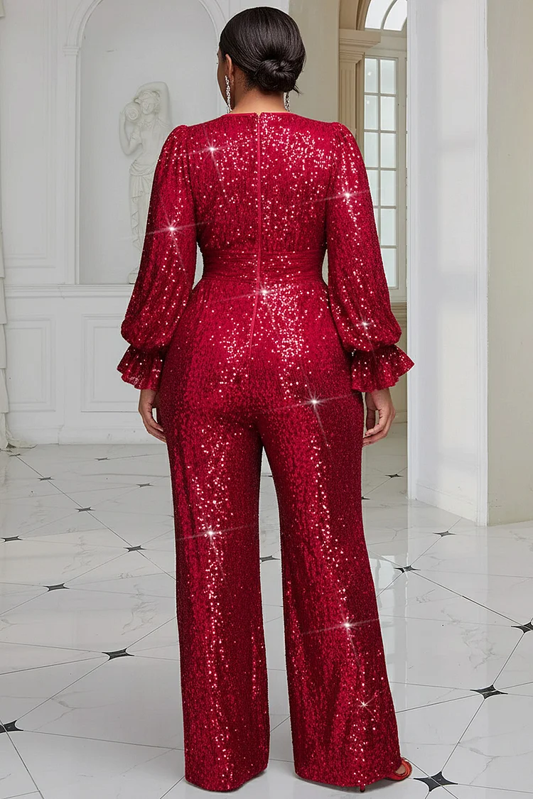 Xpluswear Design Plus Size Christmas Red V Neck Flare Long Sleeve Ruffle Elegant Sequin Jumpsuits [Pre-Order]