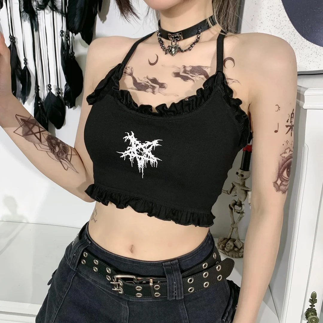 InsGoth Goth Pentagram Print Black Camis Harajuku Spaghetti Straps Cross Camisole Punk Sexy Backless Women Summer Cropped Tops