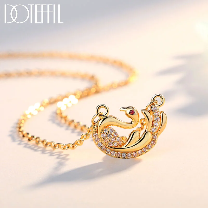 DOTEFFIL 925 Sterling Silver Fashion Jewelry Gold Cute Swan AAA Zircon Pendant Necklace For Women Jewelry 