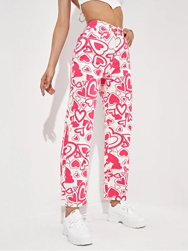 Women's Loose Love Print Straight Denim Trousers Flusfy