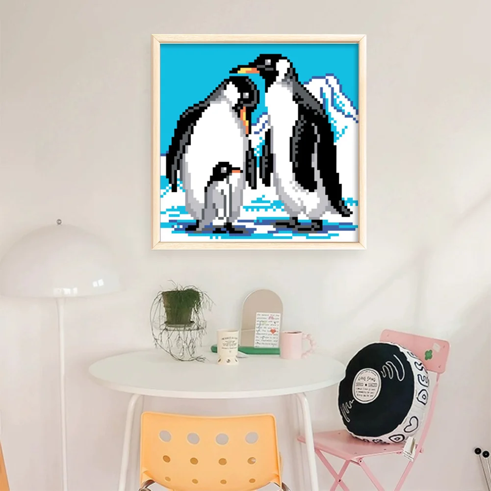 9CT Full Stamped Cross Stitch Bead Embroidery - Penguins(Canvas|20*20CM)