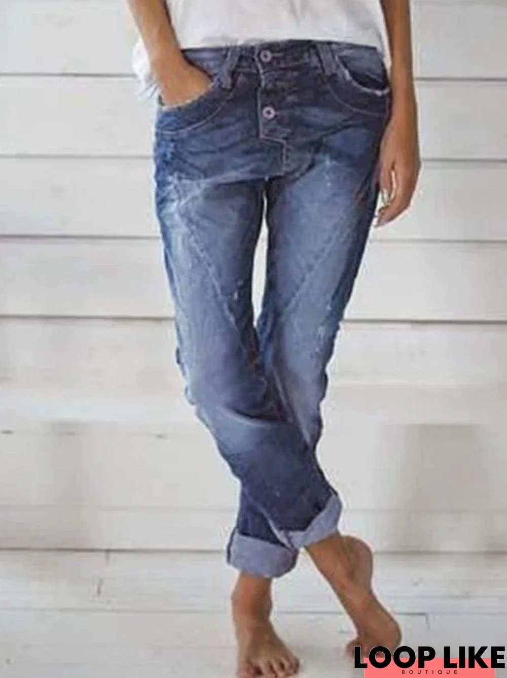 Blue Casual Pockets Denim Pants