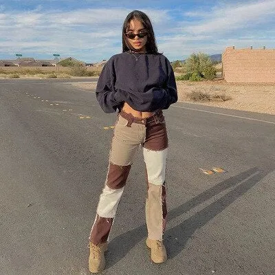 Patchwork Jeans Women Straight Pants High Waist Denim Baggy Jeans Streetwear Distressed Woman Jeans Vaqueros Mujer 2020