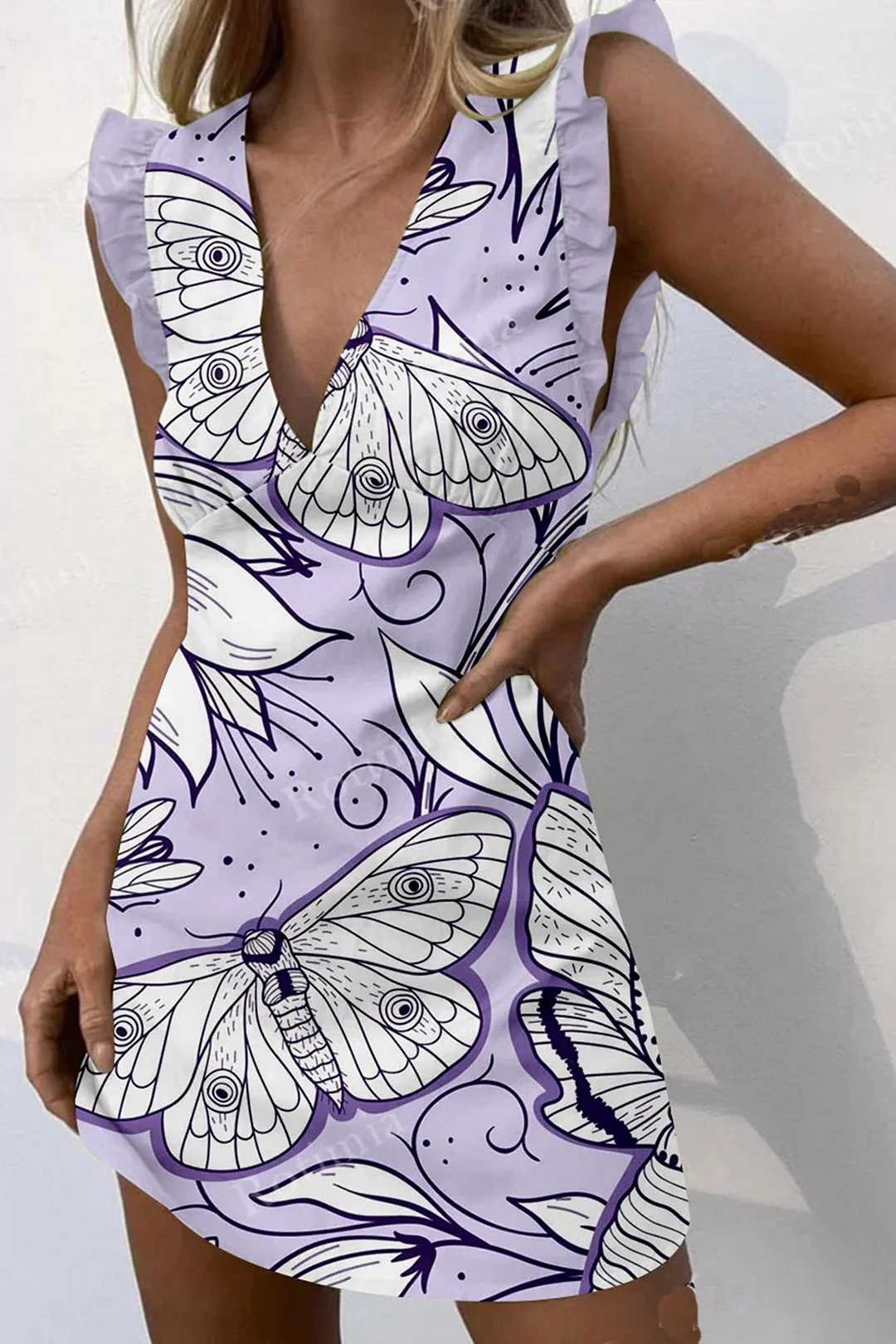 Floral Butterfly V-neck Print Dress