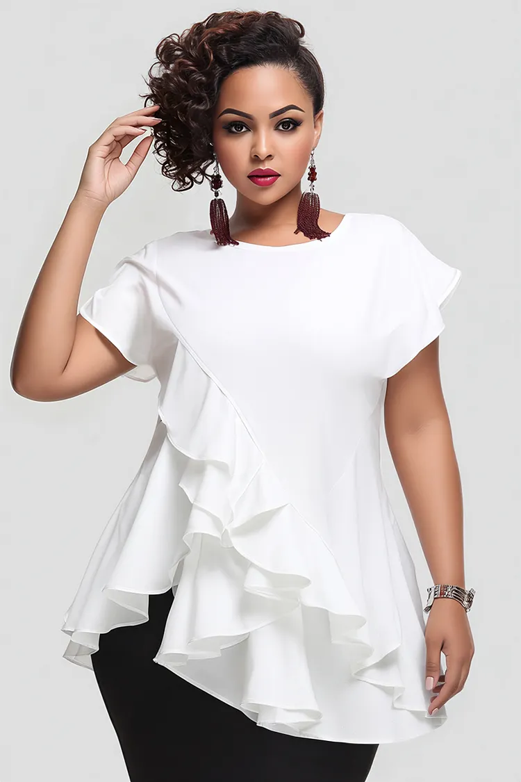 Xpluswear Design Plus Size Daily White Round Neck Short Sleeve Ruffle Tops [Pre-Order] 2024 - Xpluswear
