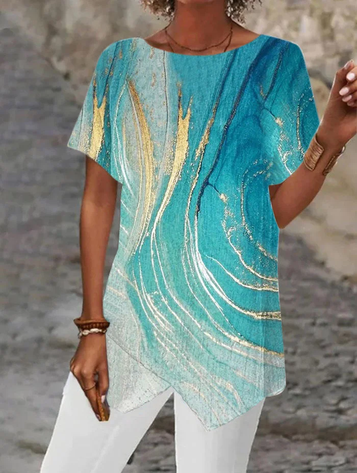 Uveng Geometric Print Loose Sleeve Irregular Blouses