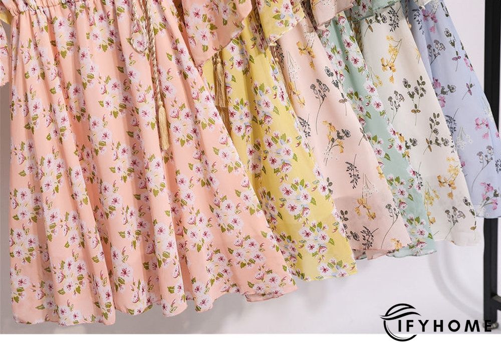 Spring Summer Chiffon Women V-Neck Floral Print Short Dresses Sweet Ruffle Sleeeve Slim Drawstring Ladies Dress | IFYHOME