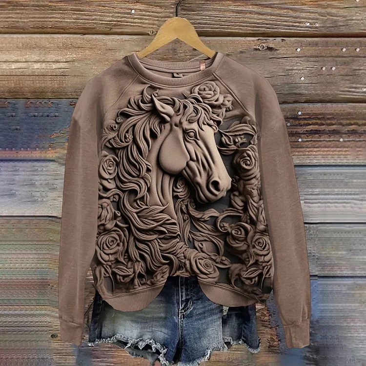 Wearshes Vintage Western Horse Print Long Sleeve Sweatshirt
