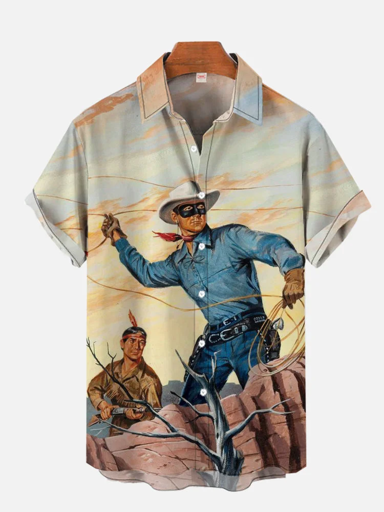 Vintage Western America Nostalgic Movie The Lone Ranger Printing Short Sleeve Shirt